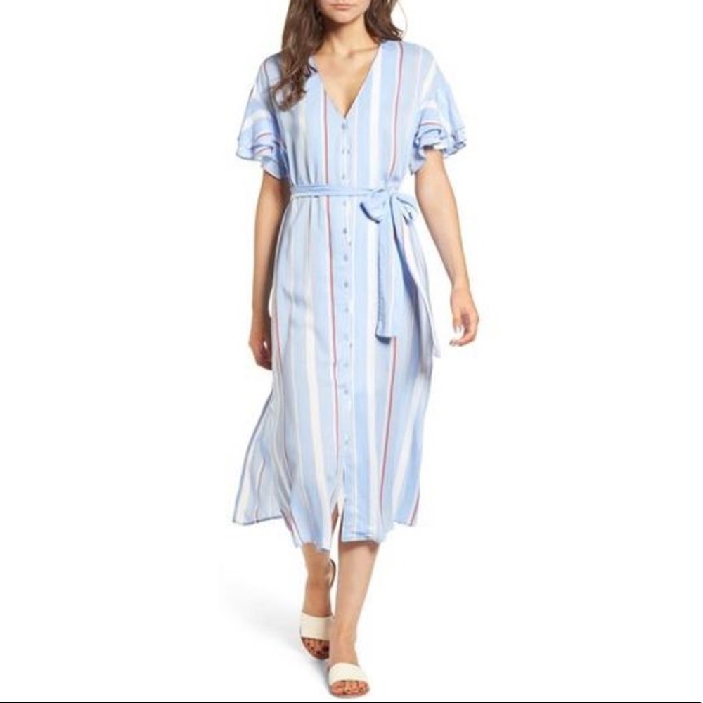 Lush blue striped button down midi dress
